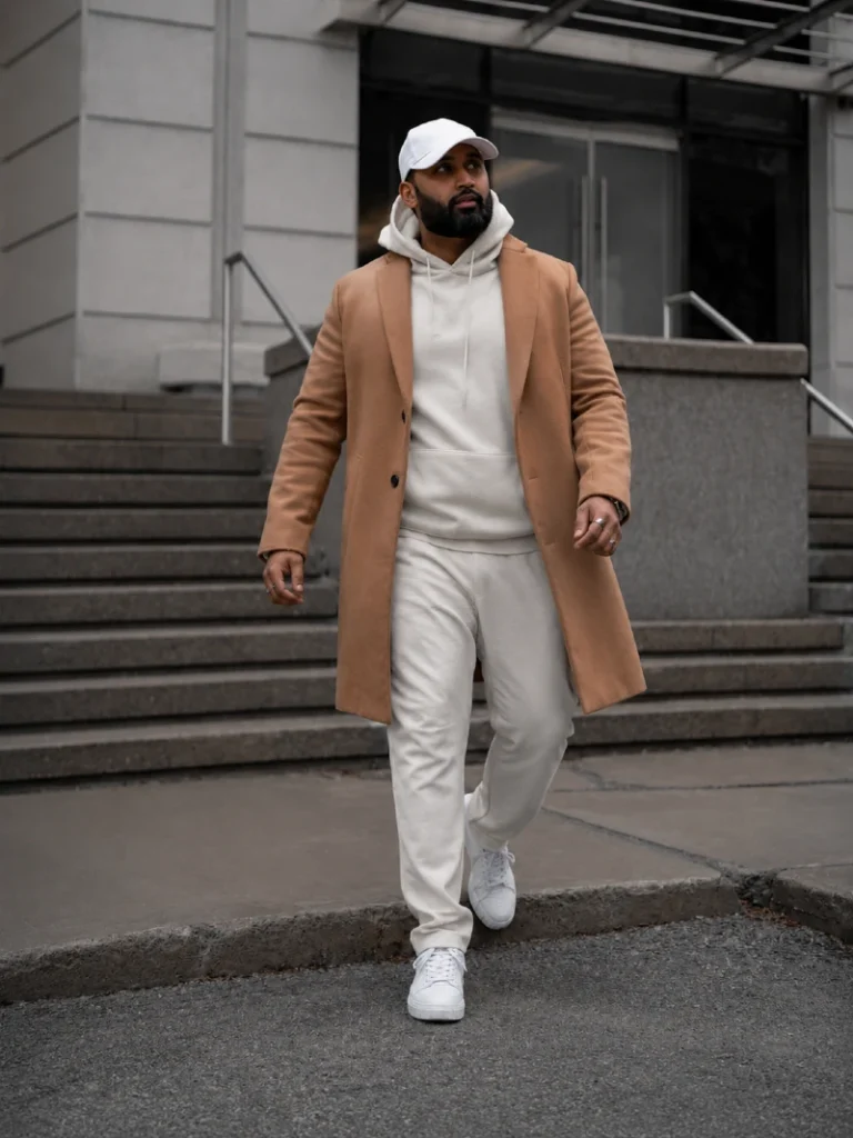 16. Camel Overcoat With Cream Hoodie and Joggers