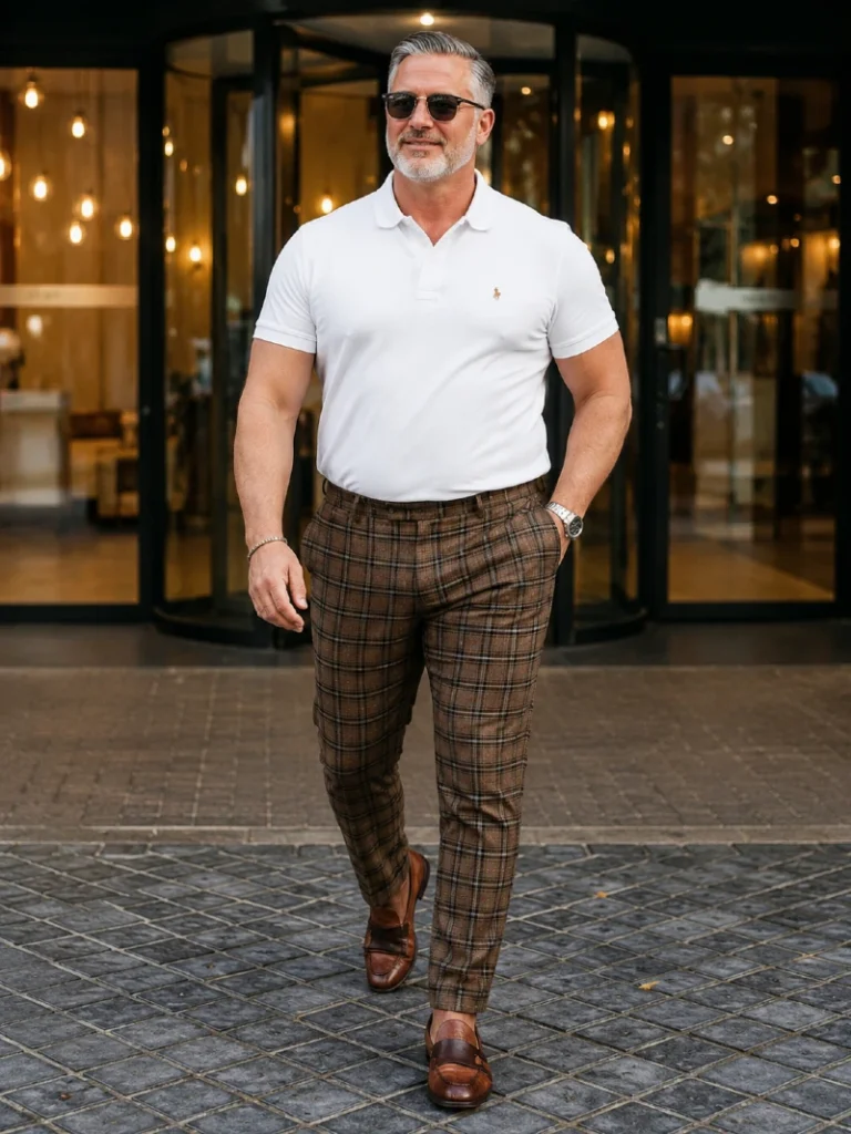 16. Tucked White Polo With Plaid Trousers