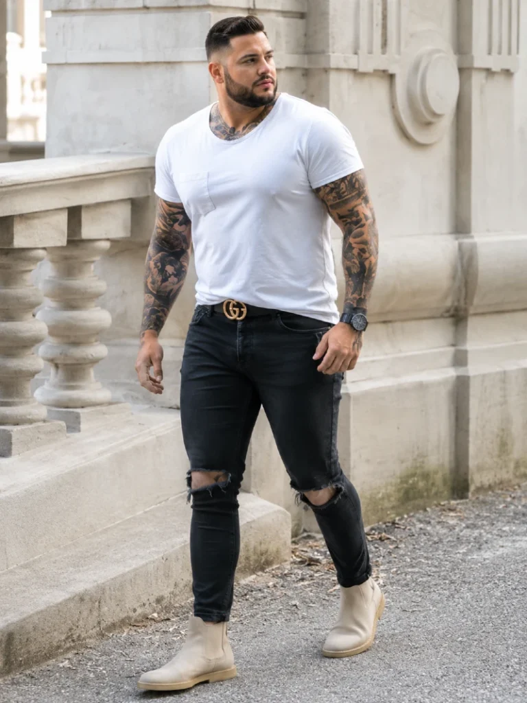 16. White Pocket Tee, Ripped Black Jeans, and Beige Chelsea Boots