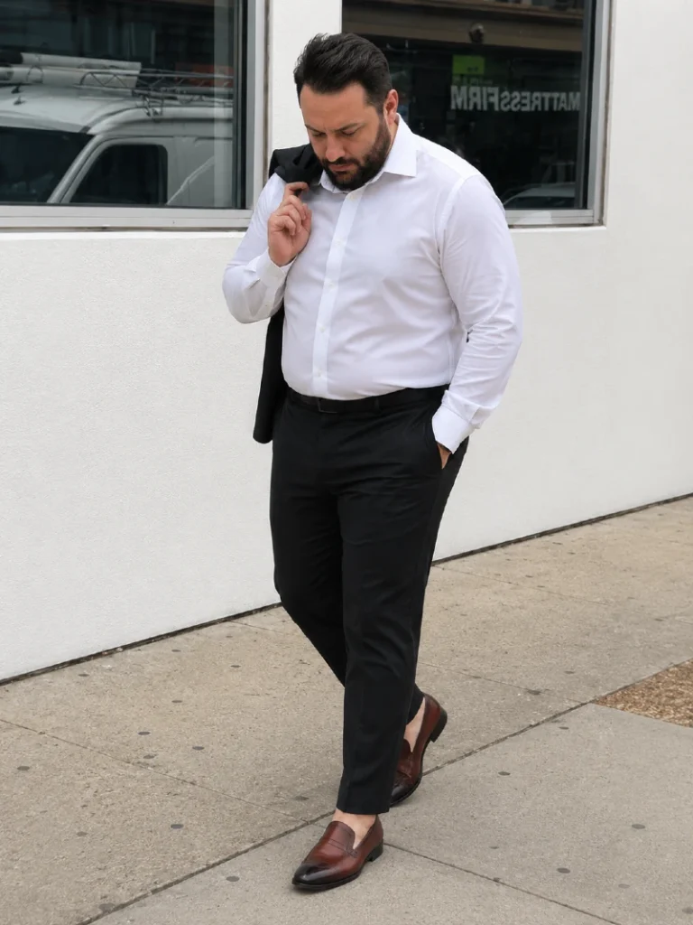 16. White Shirt with Black Trousers and Brown Loafers