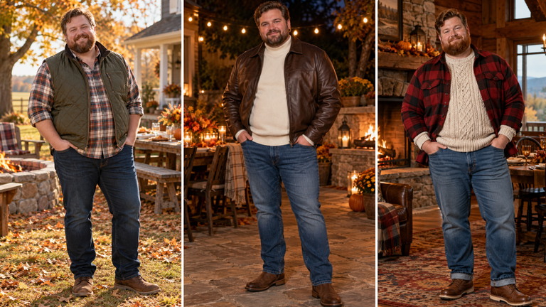 17 Thanksgiving Outfits for Plus Size Men Built Around One Good Pair of Jeans