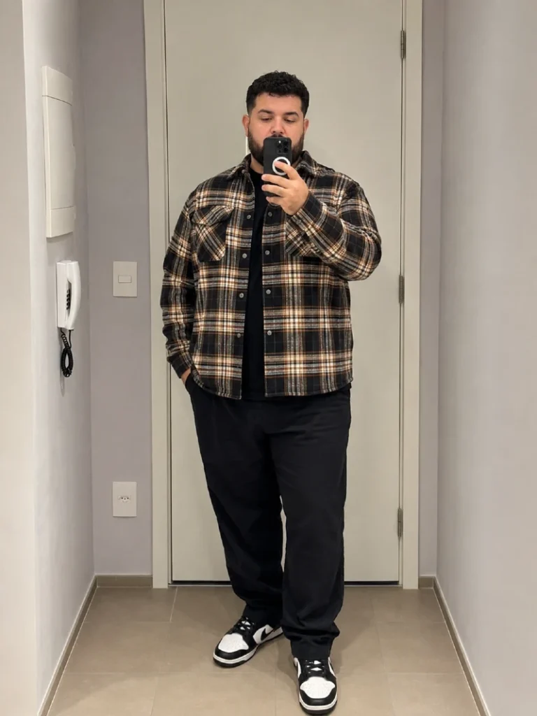 17. Black and Tan Plaid Flannel With Relaxed Black Pants