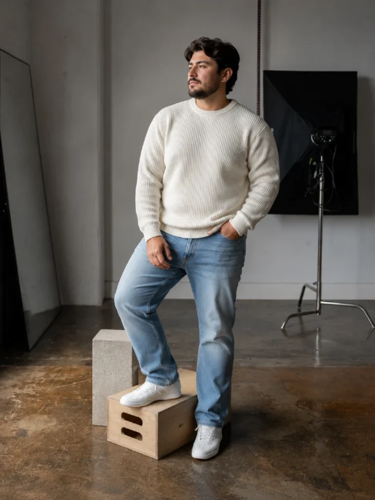 17. Cream Ribbed Sweater With Light Wash Jeans