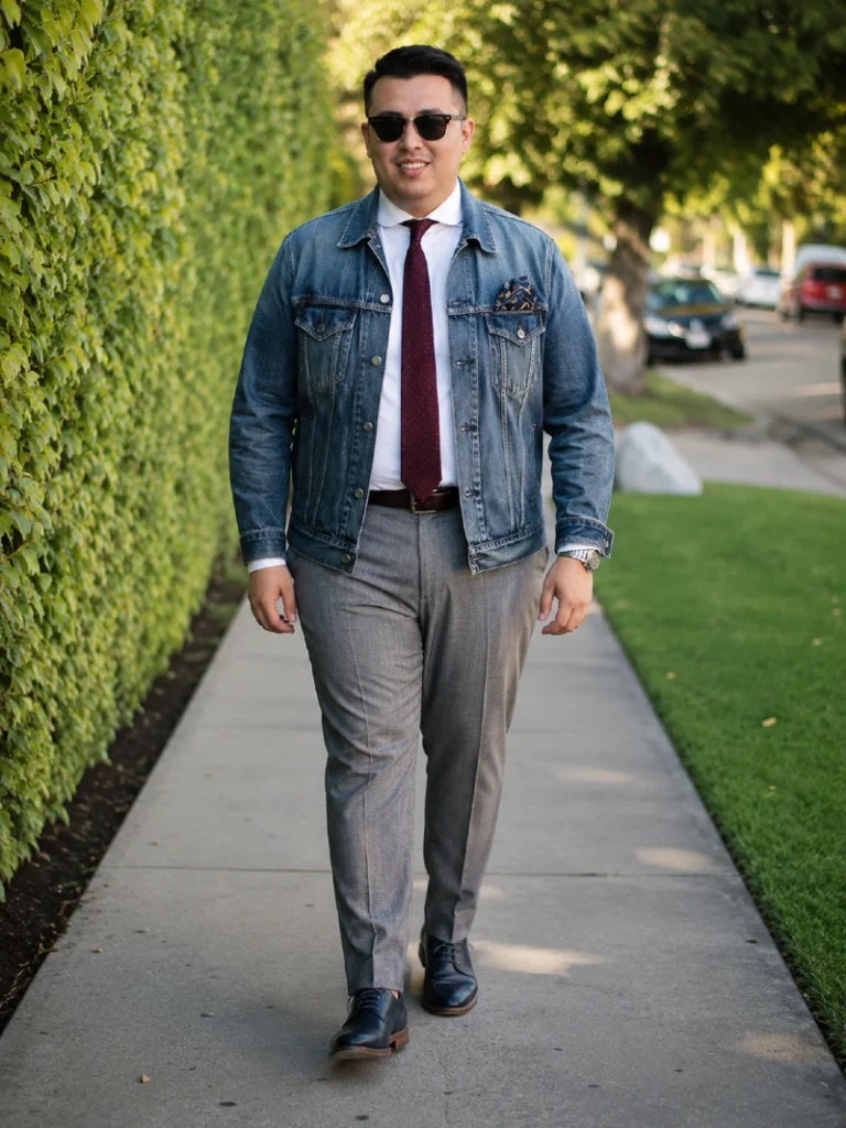 17. Denim Jacket With Shirt, Tie, and Gray Dress Pants
