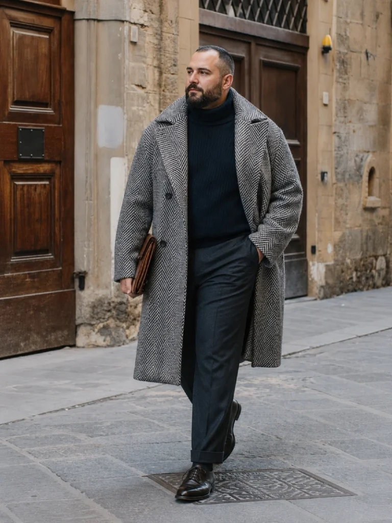 17. Gray Herringbone Overcoat With Navy Turtleneck
