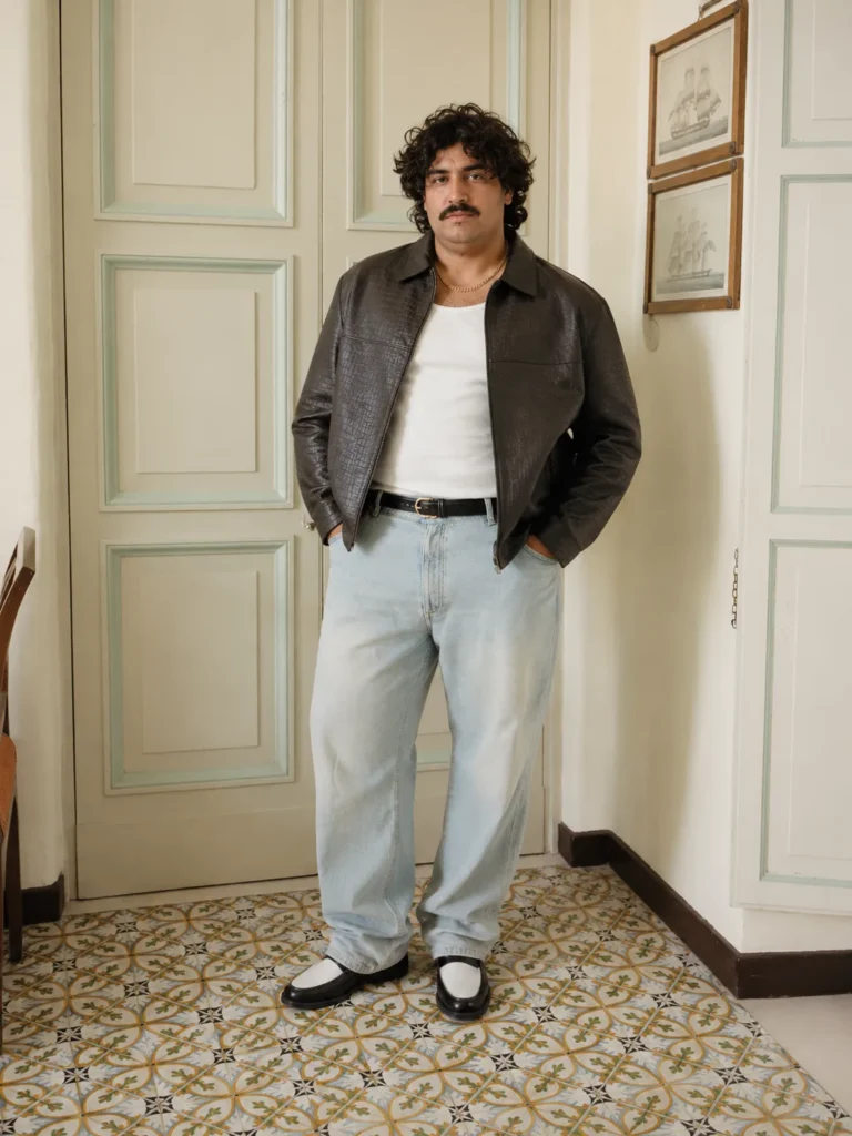 17. Leather Jacket with Baggy Jeans and Two-Tone Loafers