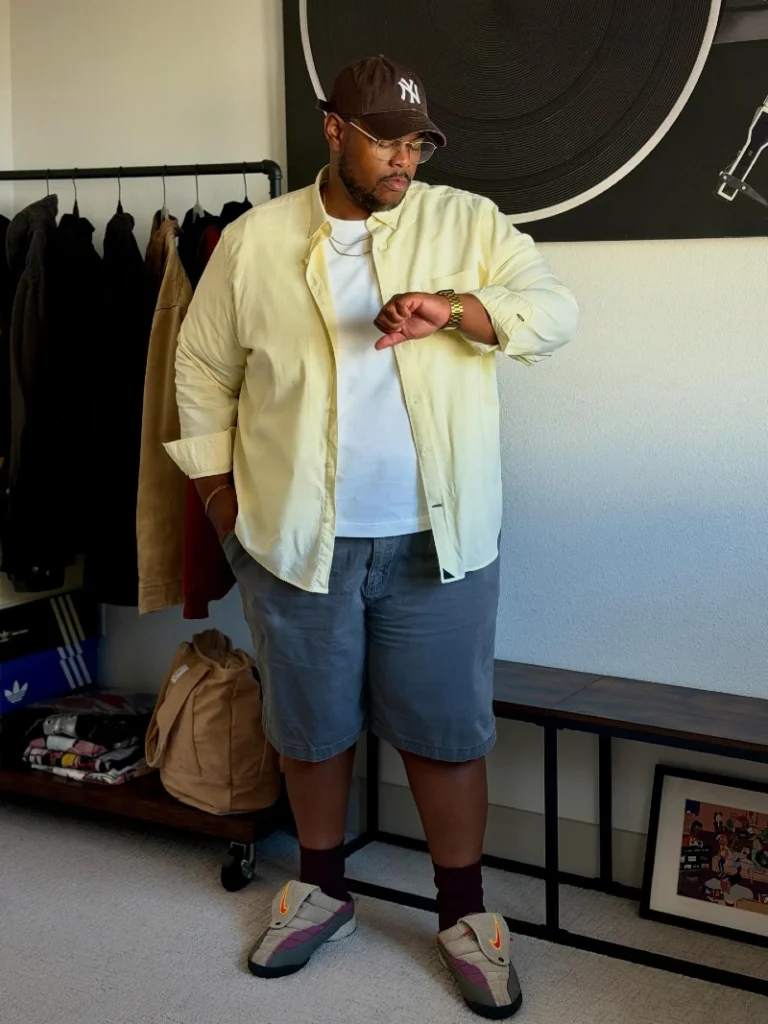 17. Pale Yellow Overshirt With Gray Shorts