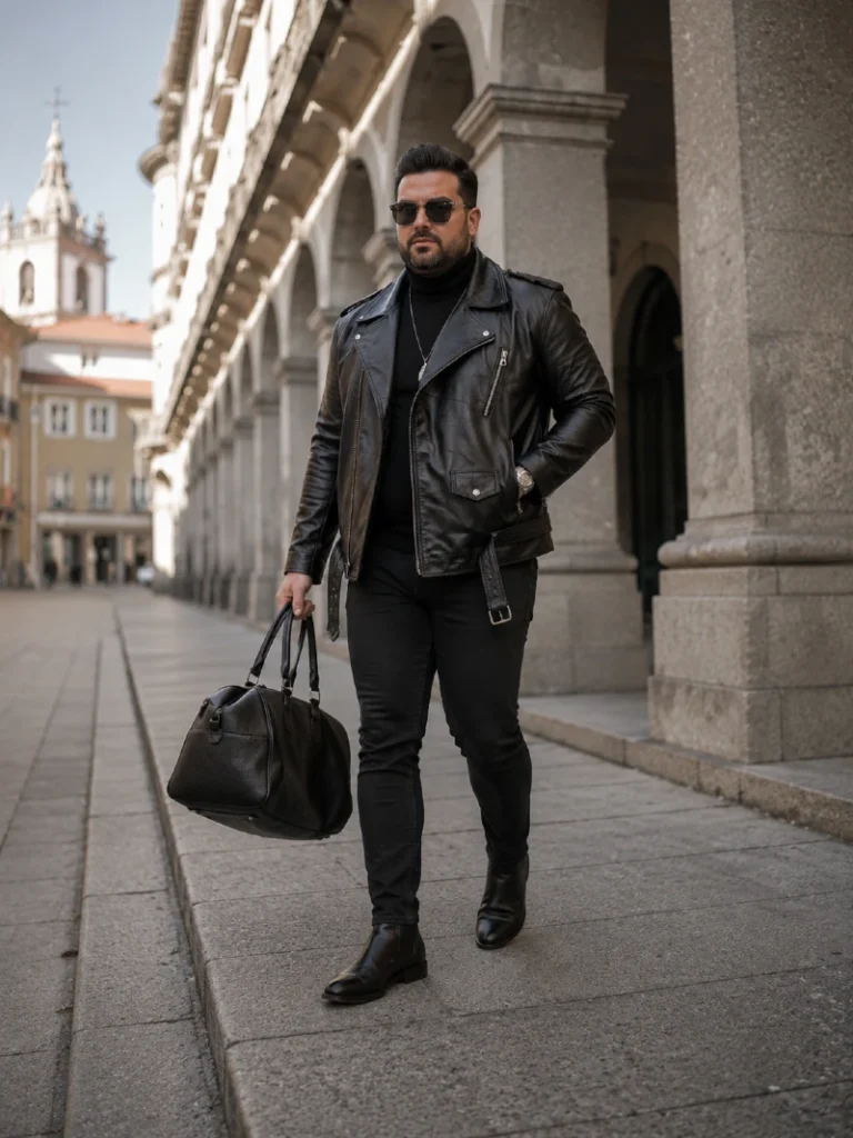 17. Travel-Ready Moto Jacket With Black Turtleneck and Leather Bag