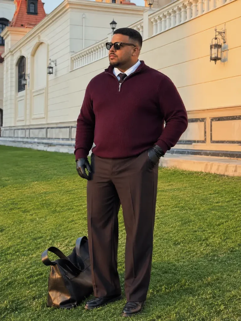 18. Burgundy Quarter-Zip Sweater With Tailored Trousers