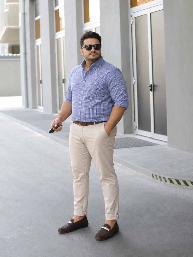 18. Check Shirt with Cream Chinos and Driving Loafers
