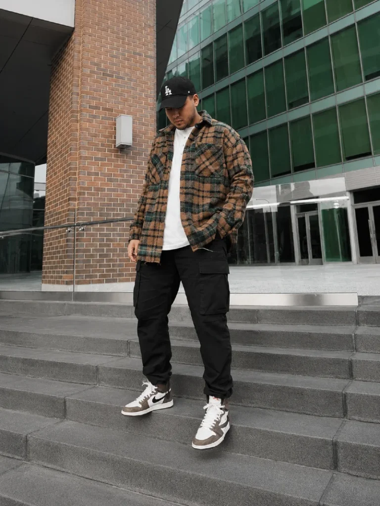 18. Earth-Tone Flannel With Black Cargo Pants
