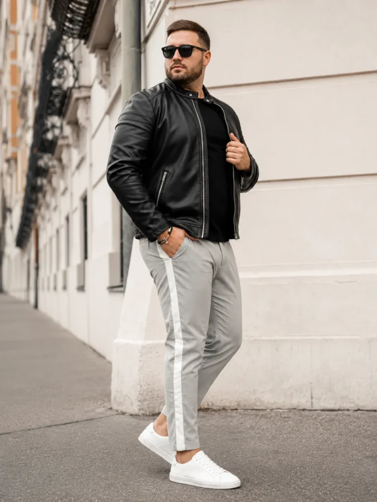 18. Leather Jacket With Side-Stripe Trousers and White Sneakers