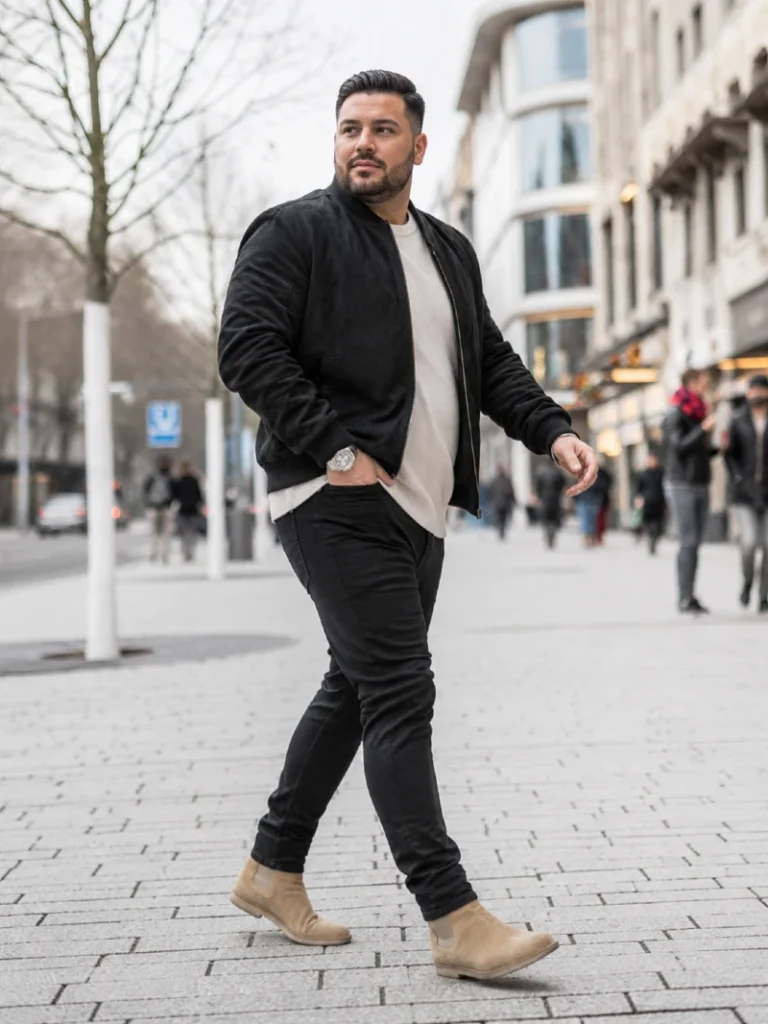 19. Black Bomber Jacket With Tan Chelsea Boots