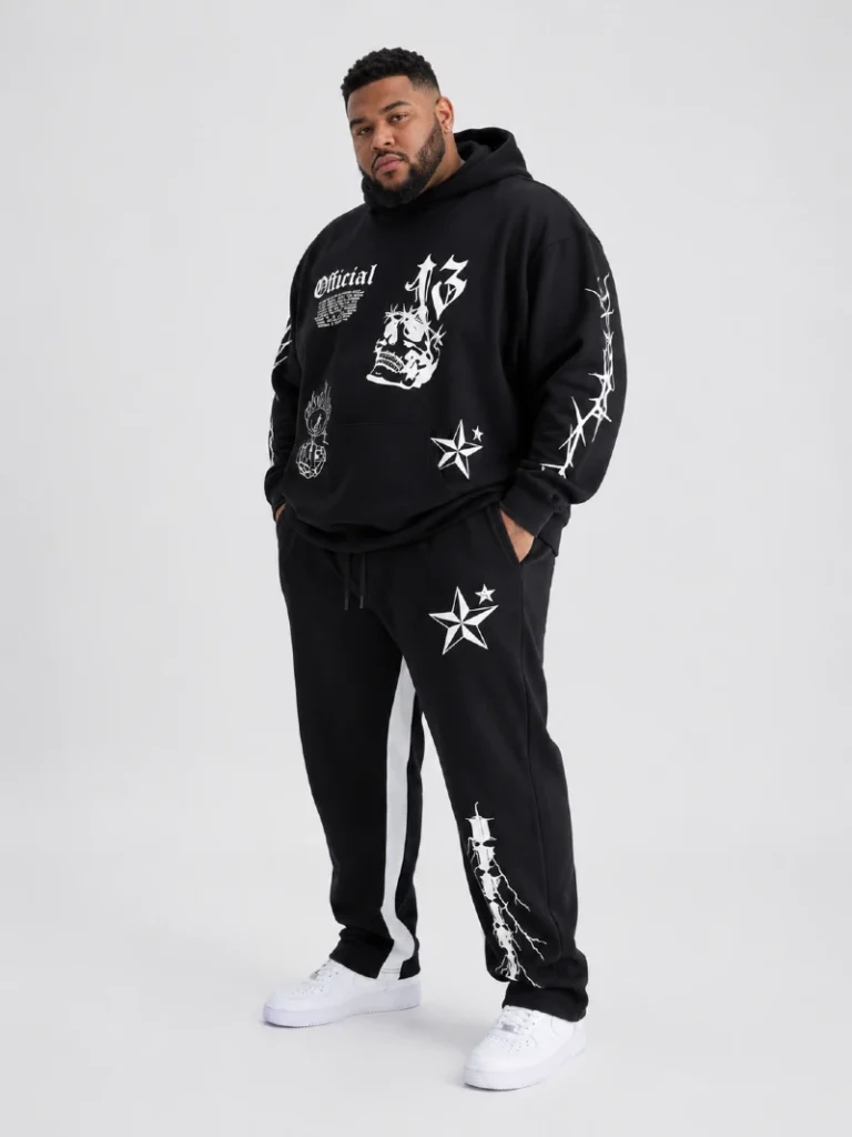 19. Black Graphic Hoodie Set With White Sneakers