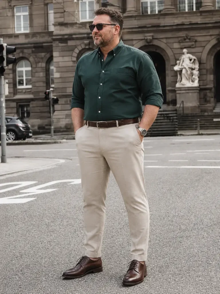 19. Dark Green Shirt With Beige Trousers