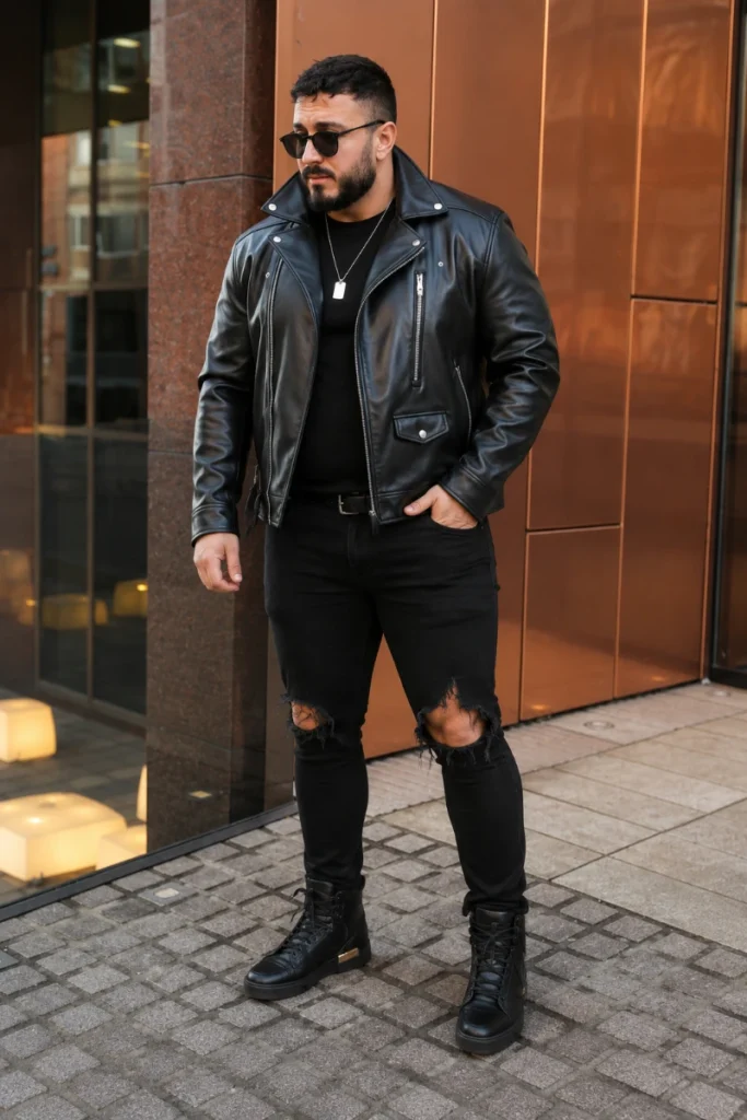 19. Glossy Moto Jacket With Ripped Black Jeans and Combat Boots