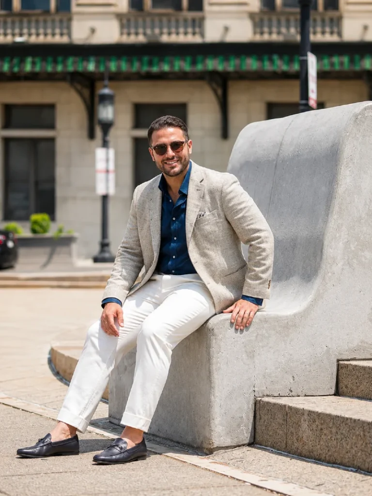 19. Light Blazer with White Trousers and Navy Loafers