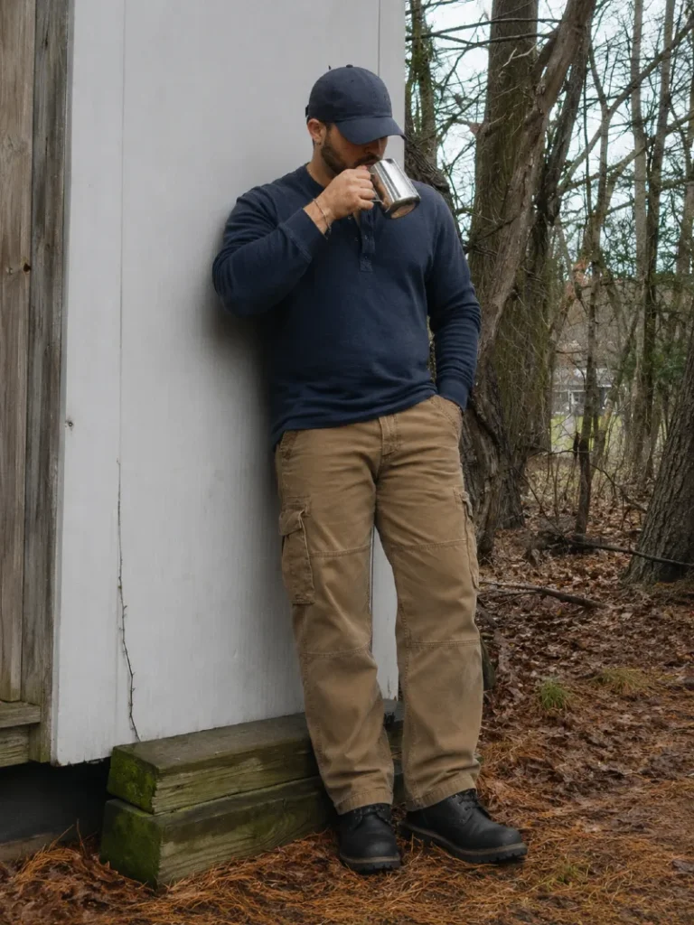 19. Navy Henley, Cargo Pants, and Black Work Boots