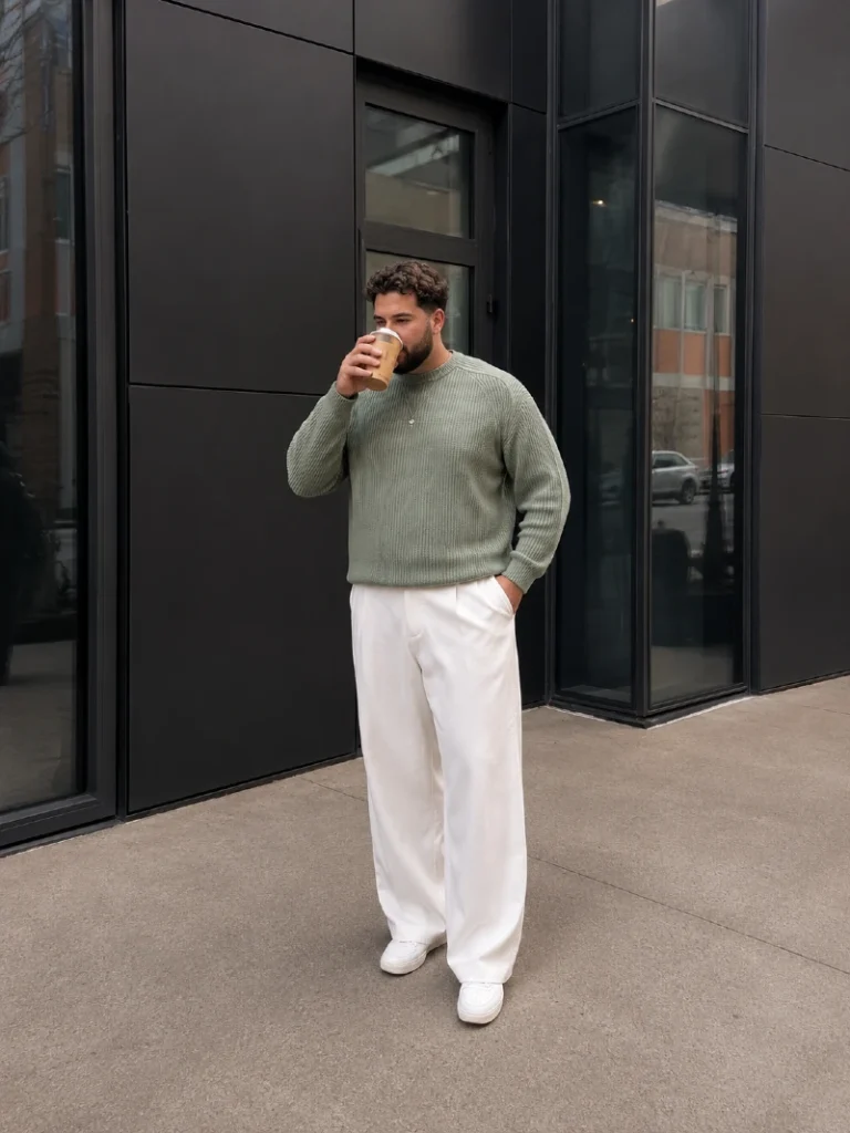 19. Sage Ribbed Sweater With White Wide-Leg Trousers