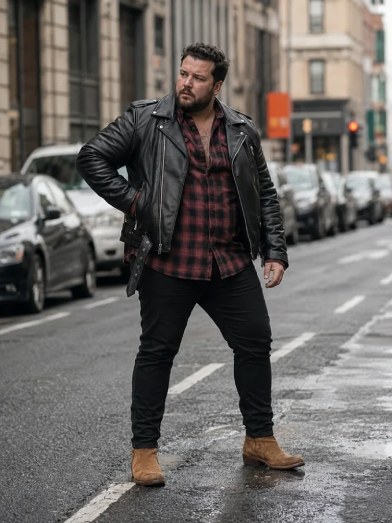 20. Moto Jacket With Red Plaid Shirt and Tan Boots