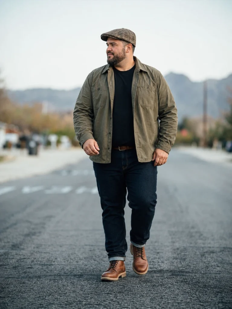 3. Olive Overshirt, Black Tee, and Brown Work Boots
