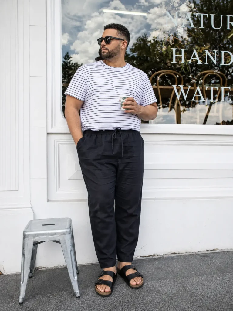 3. Striped Tee, Drawstring Pants, and Leather Sandals