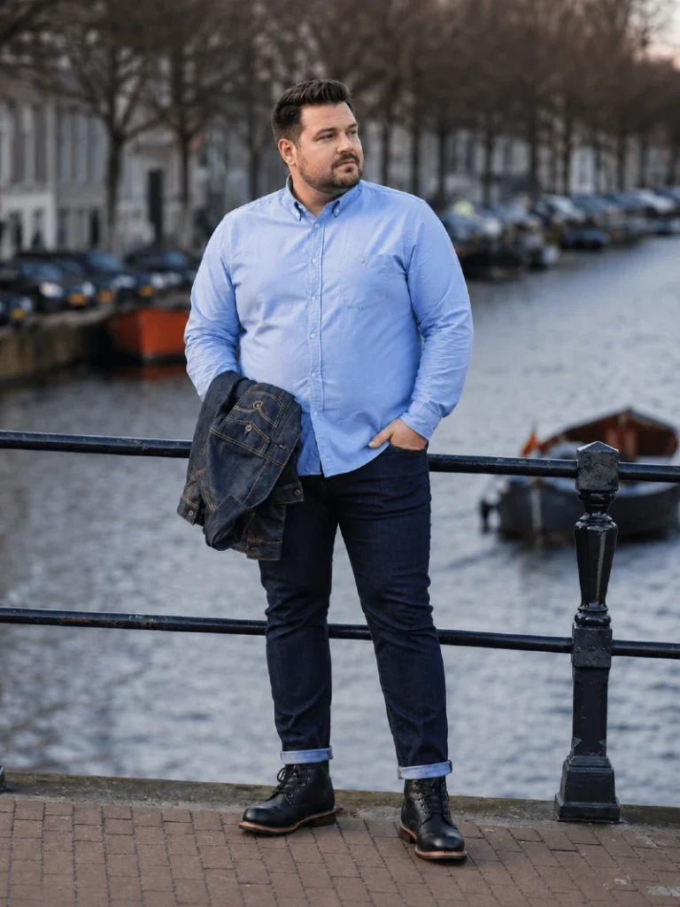 4. Blue Button-Down, Dark Jeans, and Black Work Boots