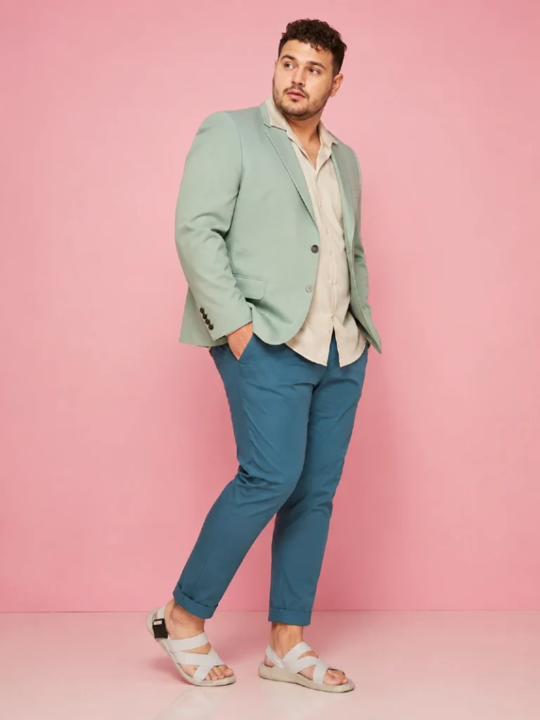 4. Pastel Blazer, Teal Pants, and White Strap Sandals