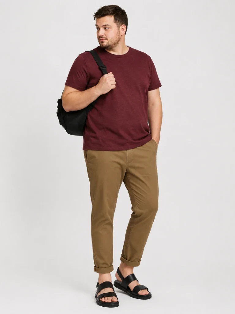 5. Burgundy Tee, Cuffed Chinos, and Black Slide Sandals
