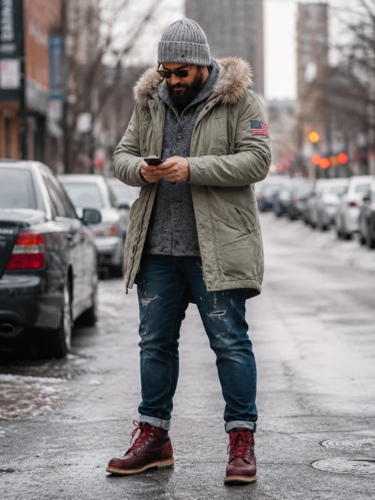 5. Fur Hood Parka, Gray Knit Layer, and Burgundy Work Boots
