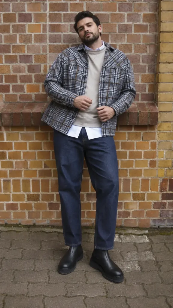 5. Plaid Overshirt With Blue Jeans and Black Chelsea Boots