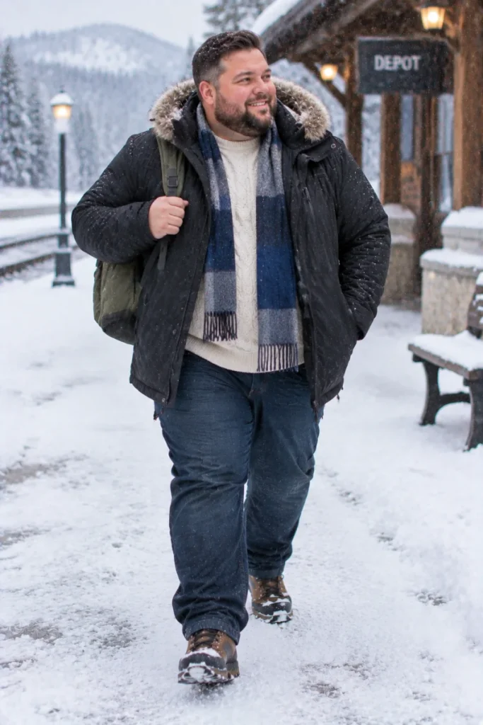 Black Fur Trim Parka and Cream Cable Knit