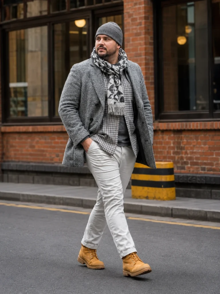 6. Gray Coat, Patterned Scarf, and Tan Work Boots