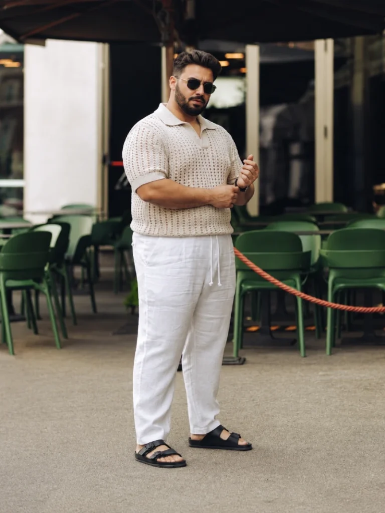 6. Knit Polo, Linen Pants, and Black Buckle Sandals