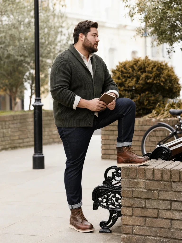 7. Chunky Cardigan, Crisp Shirt, and Brown Work Boots