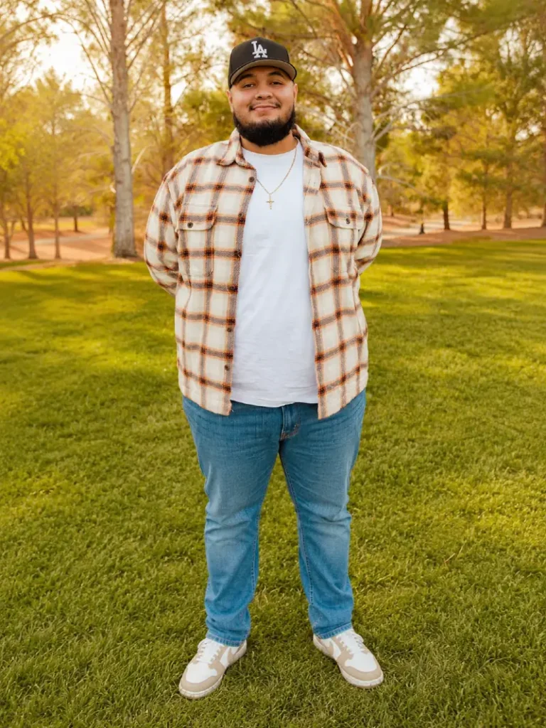 7. Cream Plaid Flannel With Light Wash Jeans