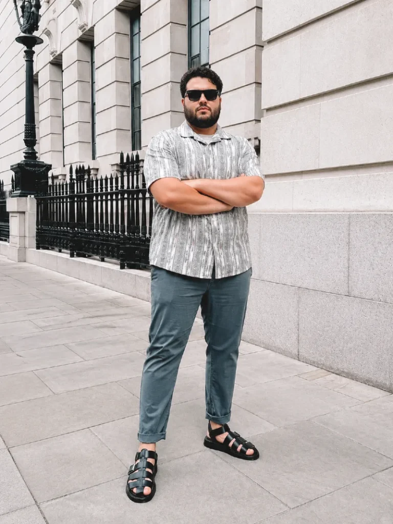 7. Patterned Camp Shirt, Cuffed Trousers, and Fisherman Sandals
