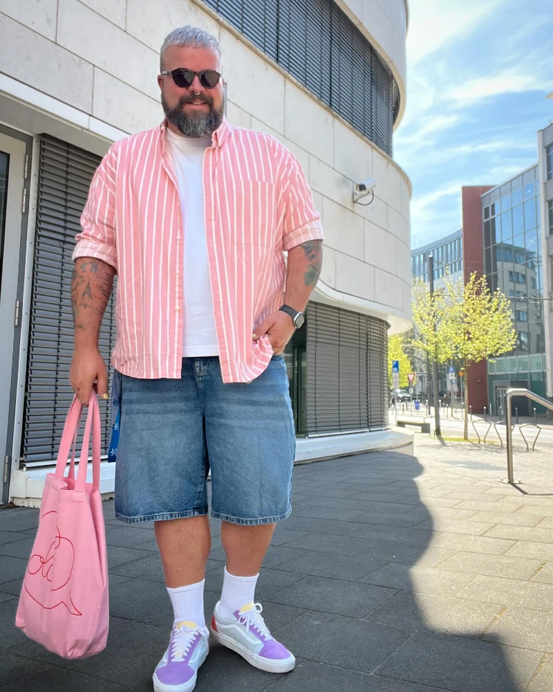 7. Pink Striped Overshirt With Denim Shorts