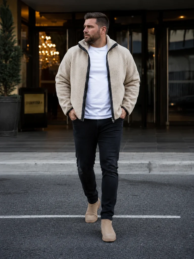 7. Sherpa Jacket With Black Jeans and Tan Chelsea Boots
