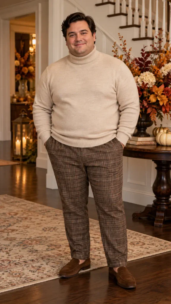 Cream Turtleneck and Brown Plaid Trousers