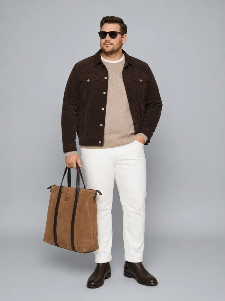 8. Brown Jacket With White Pants and Dark Chelsea Boots