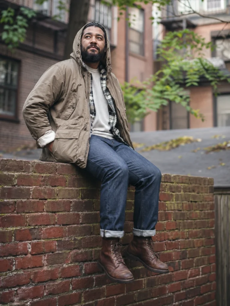 8. Hooded Field Jacket, Flannel Layer, and Brown Work Boots