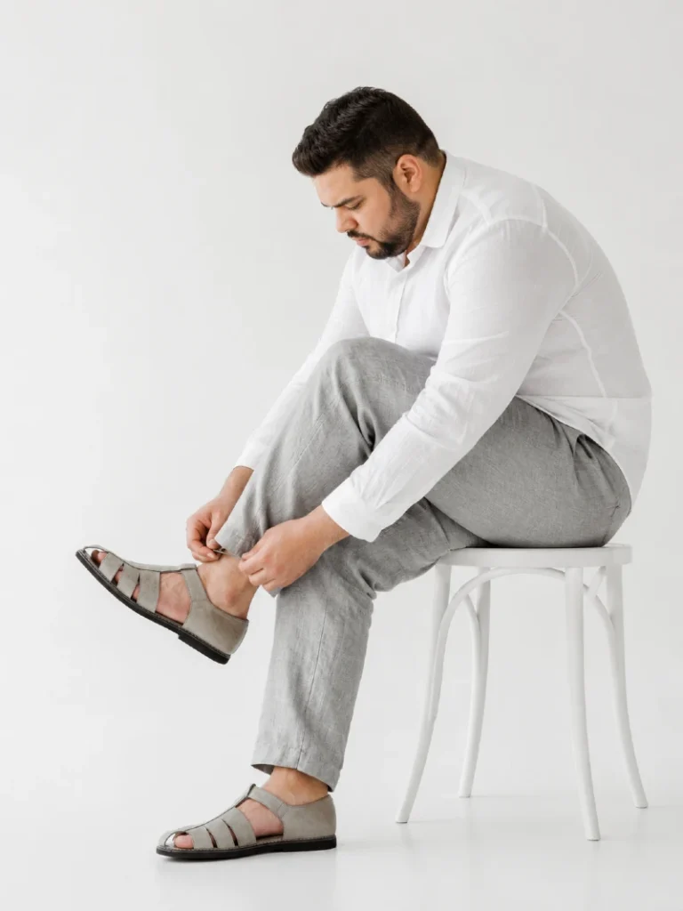 8. White Shirt, Grey Linen Pants, and Soft Fisherman Sandals