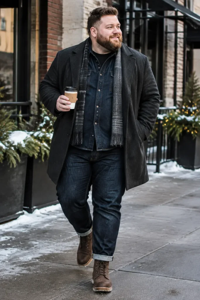 Charcoal Wool Coat Over Dark Denim Layers