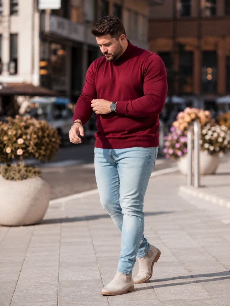9. Burgundy Sweater With Light Jeans and Suede Chelsea Boots