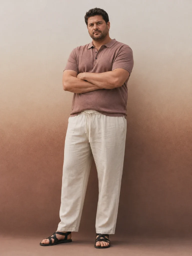 9. Mauve Polo, Cream Linen Pants, and Strappy Black Sandals