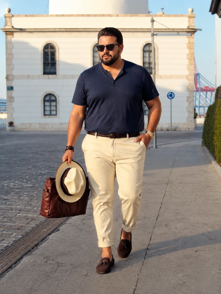 9. Navy Henley with Cream Chinos and Suede Loafers