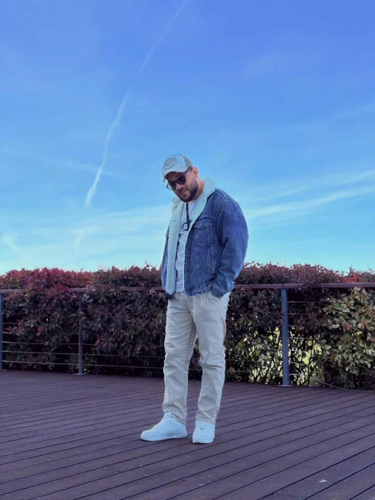 9. Sherpa Denim Jacket With Cream Pants and White Sneakers