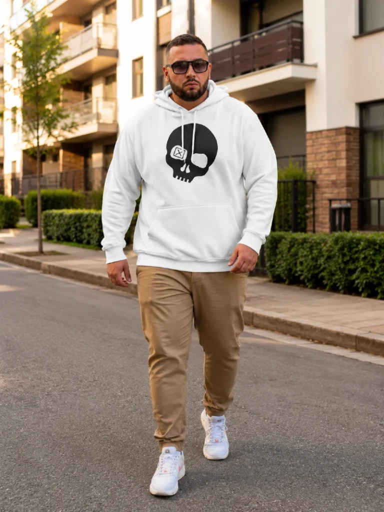 9. White Graphic Hoodie With Khaki Pants