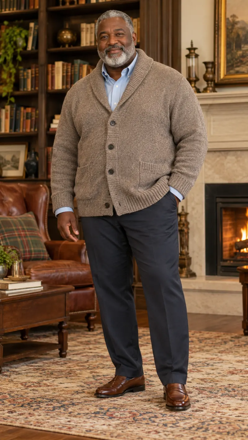 A Shawl-Collar Cardigan That Gives a Bigger Frame Soft Structure